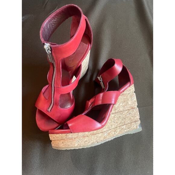 JIMMY CHOO Novice Red Leather Wedge Sandal Front Zip INDIE SLEAZE Size 8 Shoes - Picture 2 of 5